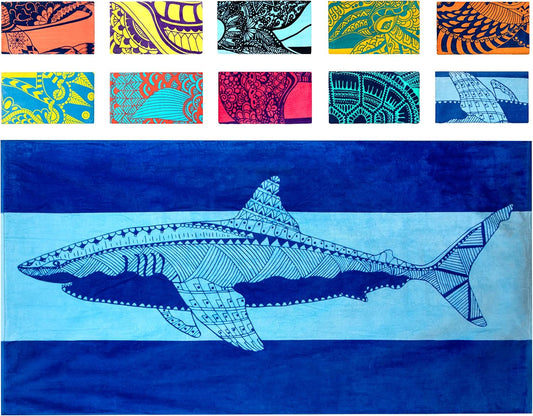 Shark Beach Towel – Blue with a Tropical Design, Extra Large, XL (34”X 63”) Cool Hawaiian, Navy Beach Towel with Light Blue Stripe, Made from 100% Cotton