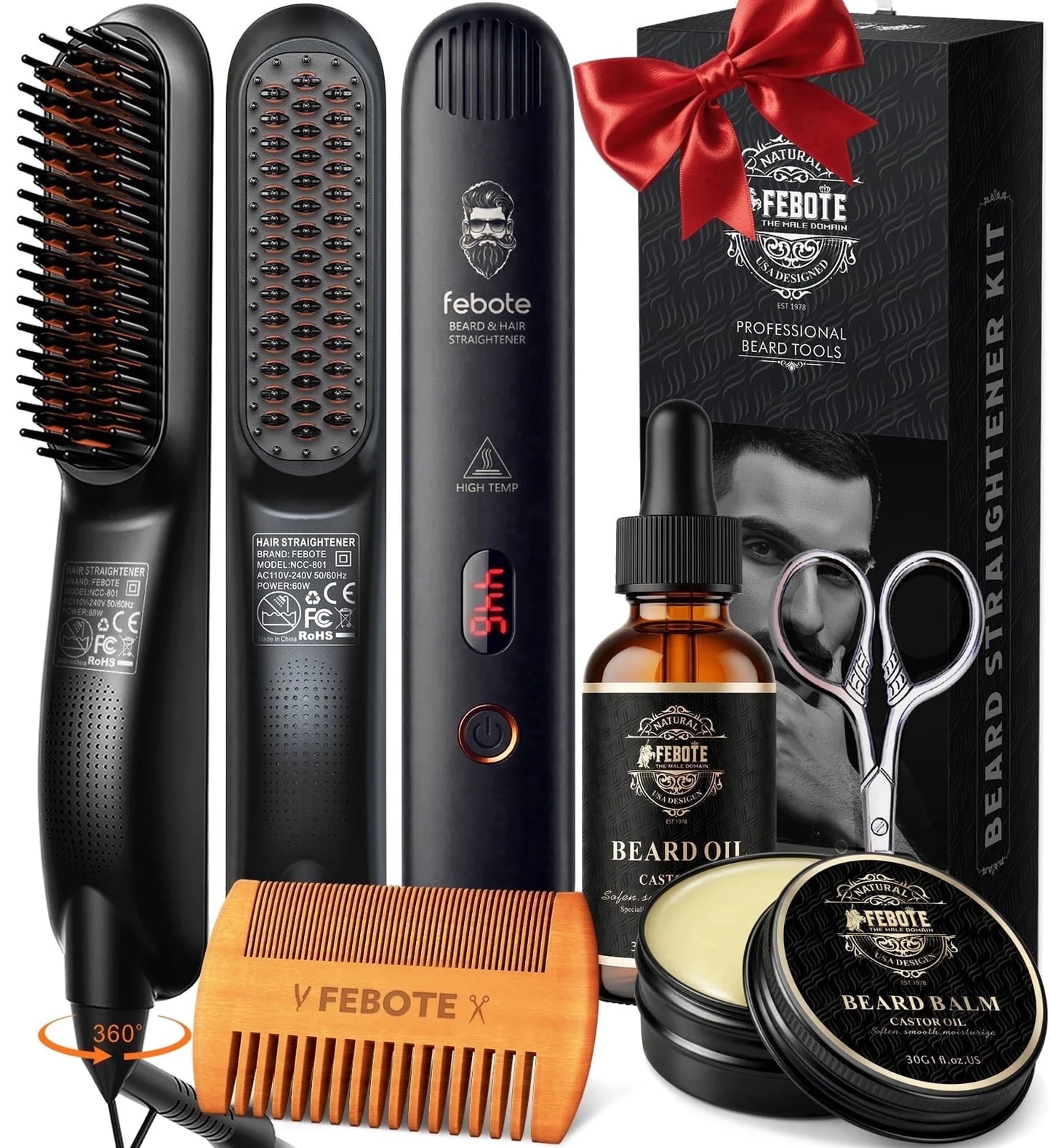 Febote Beard Straightener Kit for Men, Heated Ceramic Beard Straightening Brush for Coarse Curly Beard Hair, All-In-One Grooming Kit with Oil, Balm, Comb, Scissors & Travel Case, Gift for Him
