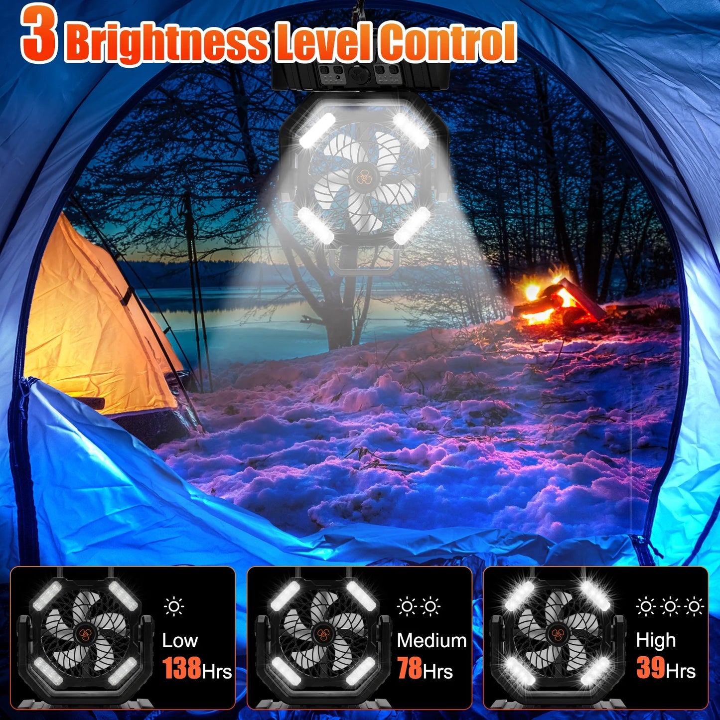 Camping Fan with LED Lantern, 20000mAh Rechargeable Battery, 270° Adjustable Rotation, 4-Speed Portable Tent Fan, Black