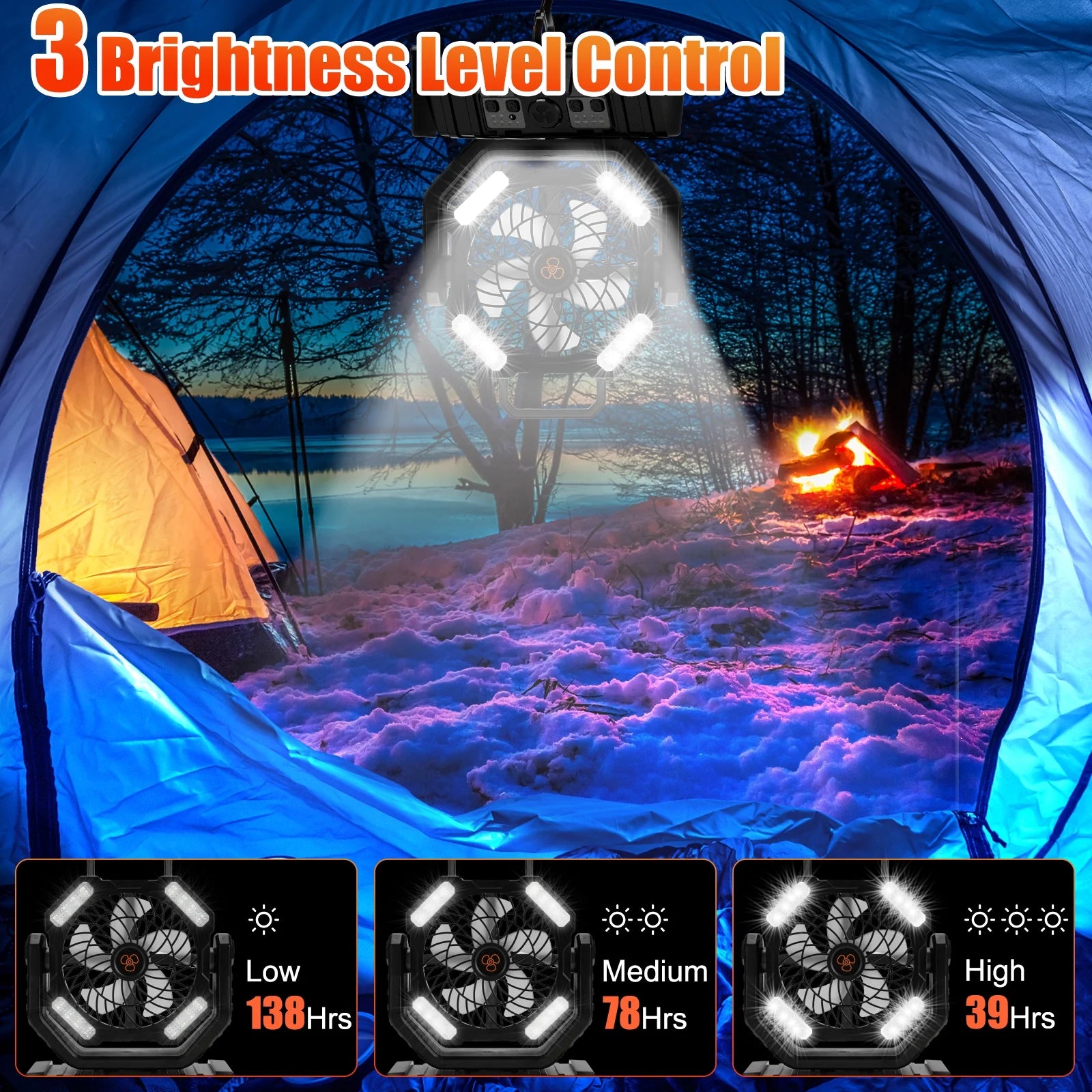 Camping Fan with LED Lantern, 20000mAh Rechargeable Battery, 270° Adjustable Rotation, 4-Speed Portable Tent Fan, Black