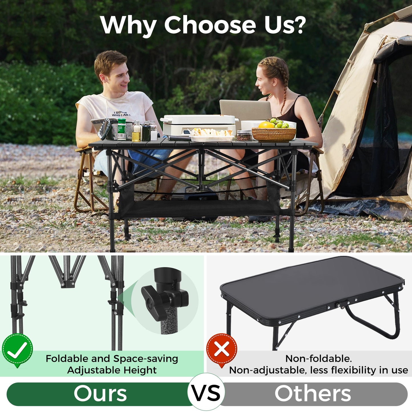 Folding Camping Table Adjustable Height 21-36 in Steel Frame 37 x 22 in Outdoor Picnic Table Black