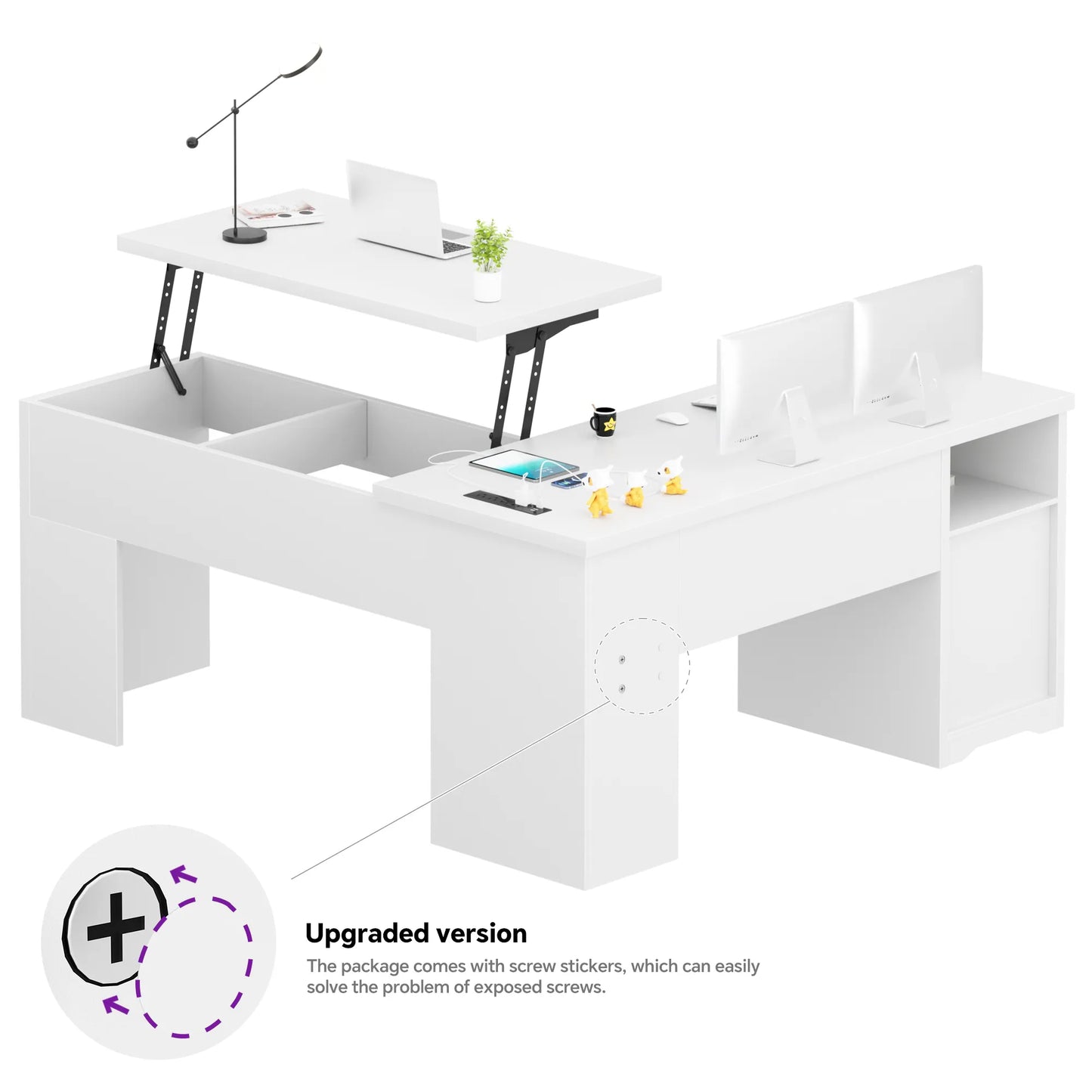 Lift Top L-Shaped Desk with Charge Station, Corner Standing Desk with File Drawers for Home Office
