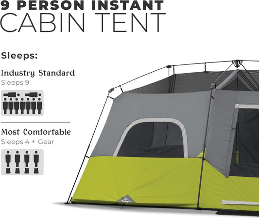 9 Person Instant Cabin Tent, 14 x 9 ft Family Camping Tent with Pre-Attached Poles, Weather Resistant Large Tent with Storage Pockets and Ventilation, Green