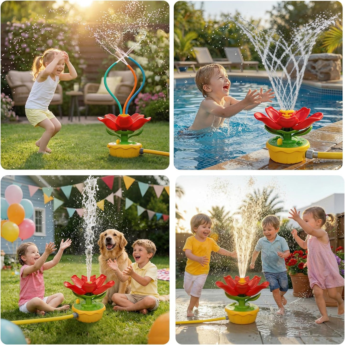 Water Sprinkler for Kids, 3-In-1 Crab Outdoor Toy with Toss Game, Batting Game & Splashing Fun, Attaches to Garden Hose, Summer Backyard Lawn Toy for Boys & Girls Ages 3-8 (Red Flower)