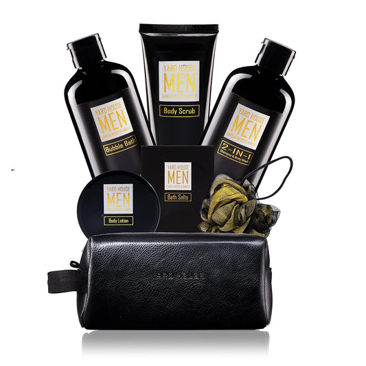 Bath and Body Spa Gift Baskets Set for Men - Sandalwood Amber - 7Pc Full Size Spa Kit in Toiletry Bag - Fathers Day Gifts for Husband, Dad from Wife, Daughter Son, Birthday Gifts for Him