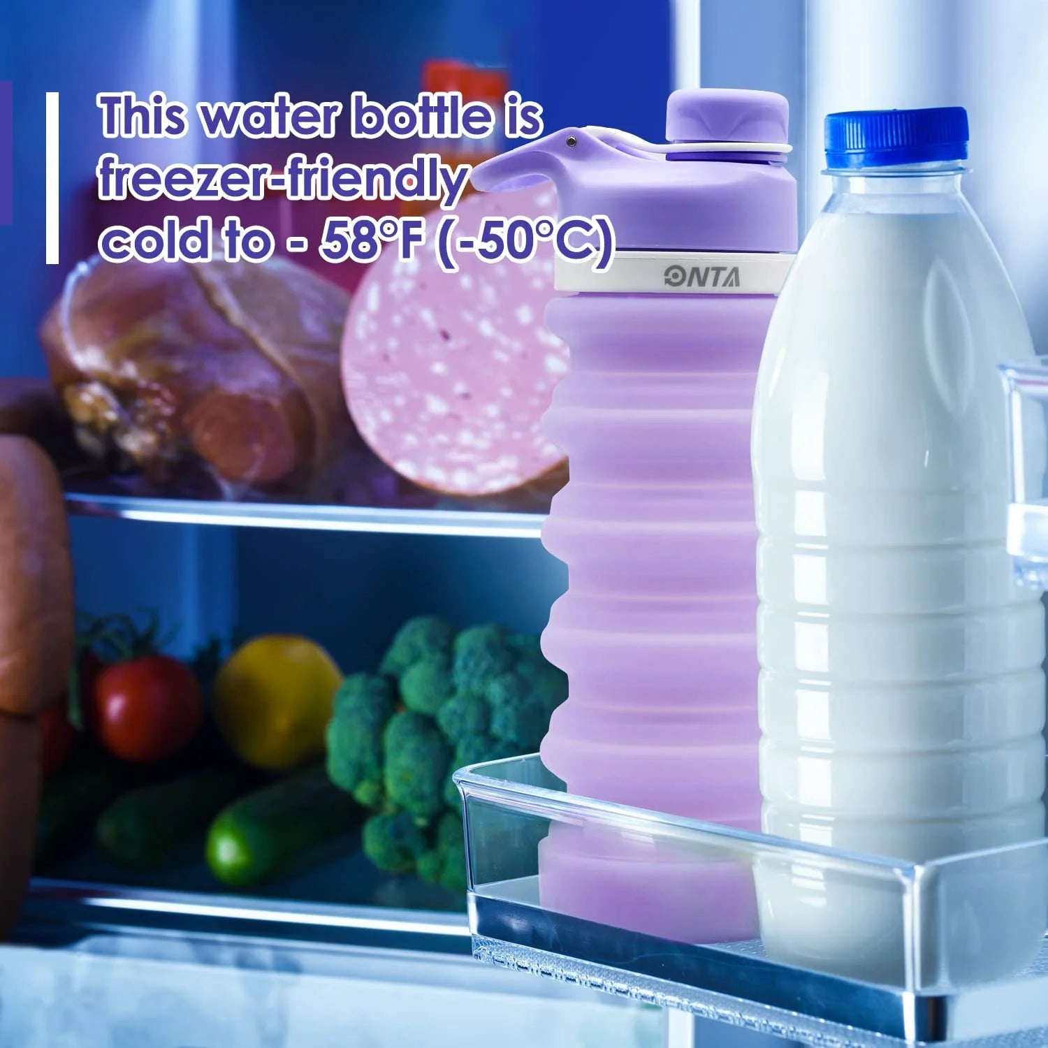 Collapsible Silicone Water Bottle 20oz BPA Free Leak Proof Foldable Portable Travel Bottle with Carabiner - Purple