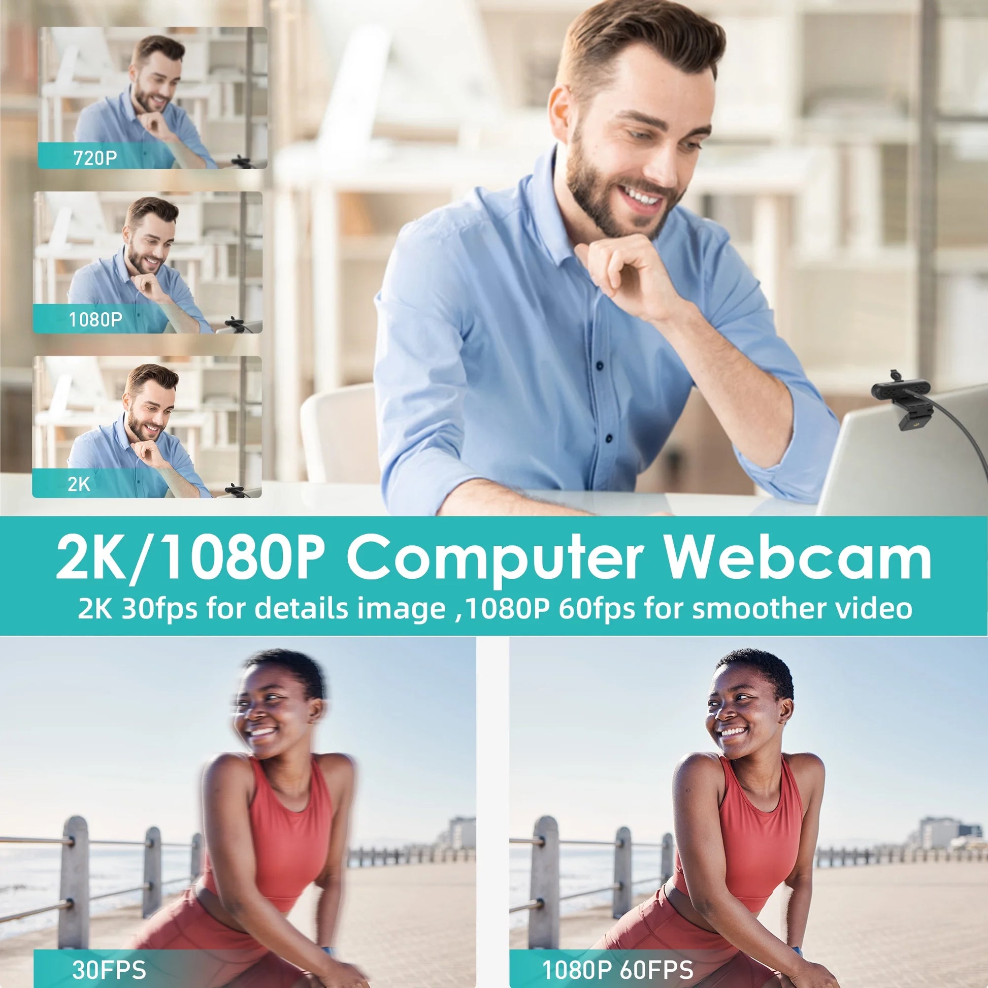 2K/1080P Webcam with 2 Microphones for PC Laptop Conference Streaming Gaming Autofocus USB Web Cam