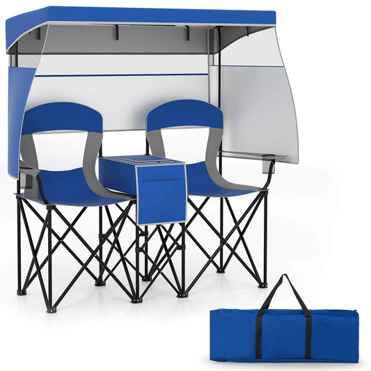 Double Beach Chair with Adjustable Canopy Oversized Folding Camping Chair Navy