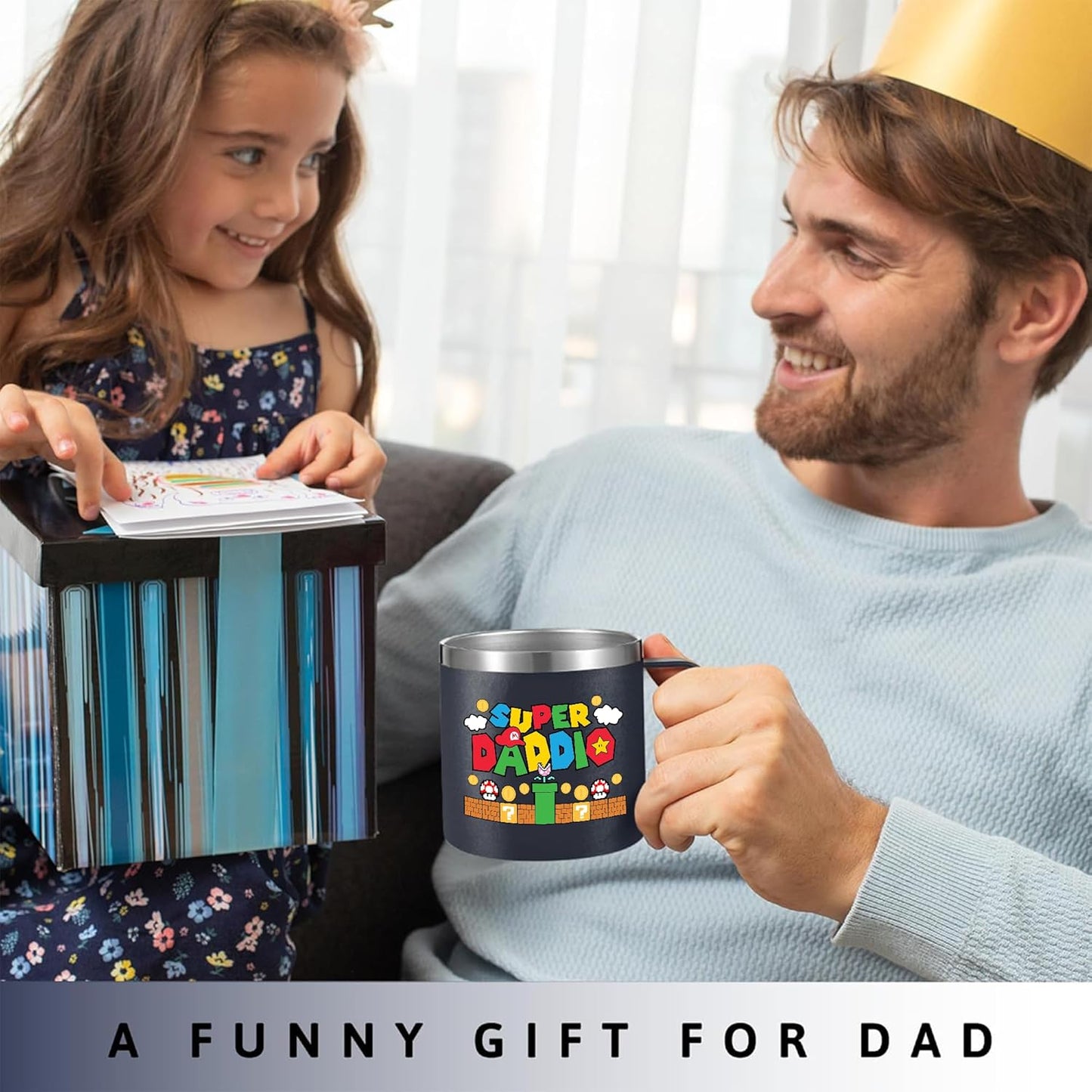 14Oz Super Daddio Travel Coffee Mug Tumbler - No. 1 Dad Nutrition Facts - Christmas, Fathers Day, Birthday Gift for Dad from Daughter Son Kid - Insulated Stainless Steel Cup with Handle