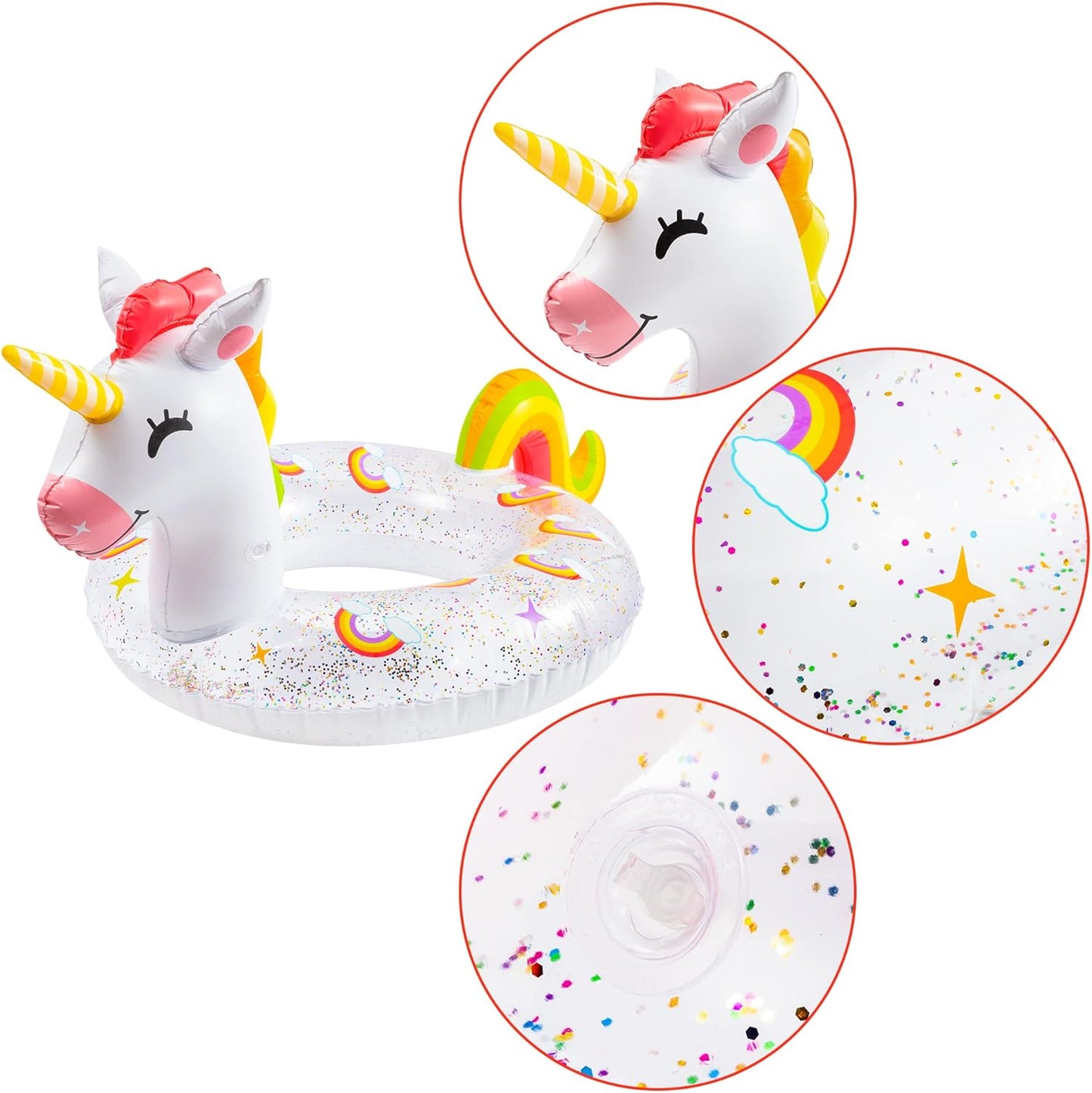 Unicorn Inflatable Pool Float with Glitters Inflation Swimming Ring Outdoor Water Inflatable Lounge Raft Tube Summer Fun Beach Floaties Vinyl Swim Floaty Pool Toy for Kids Adults White
