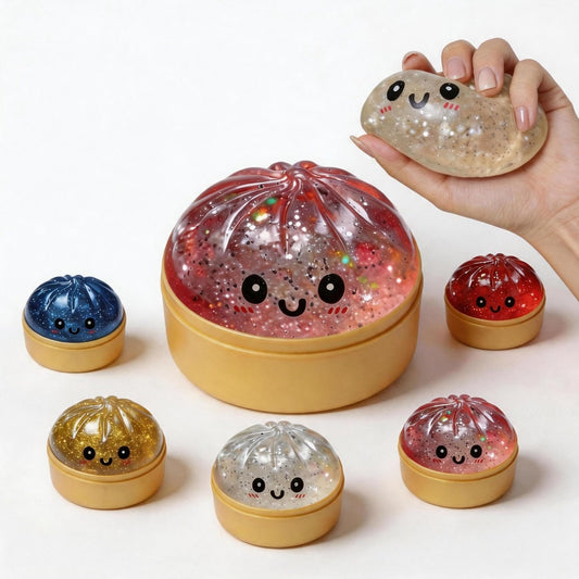 Glitter Dumpling Squishy, Slow Rising Dumpling Squishy Mystery Box, Anxiety Relief Fidget, Stocking Stuffers with Food Steamer Stretchy Desk Toys (Glitter Pink)