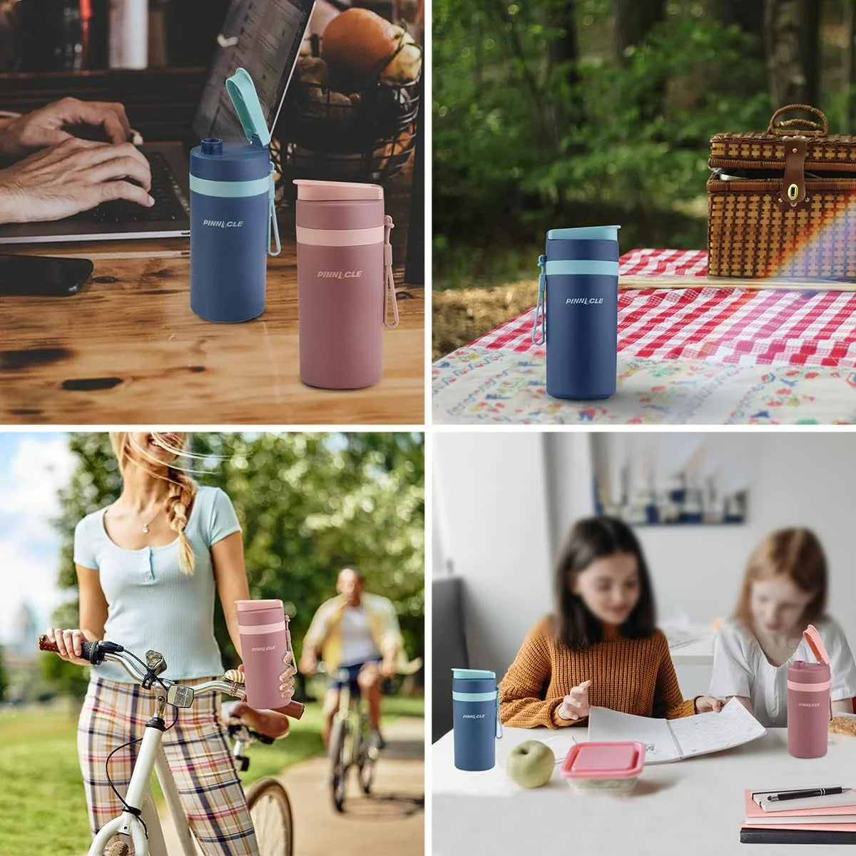 13.5 Oz Insulated Stainless Steel Water Bottle with Carrying Strap & Leakproof Lid 2-Pack - Matte Thermo Bottle for Kids & Adults Barn Red & Midnight Blue