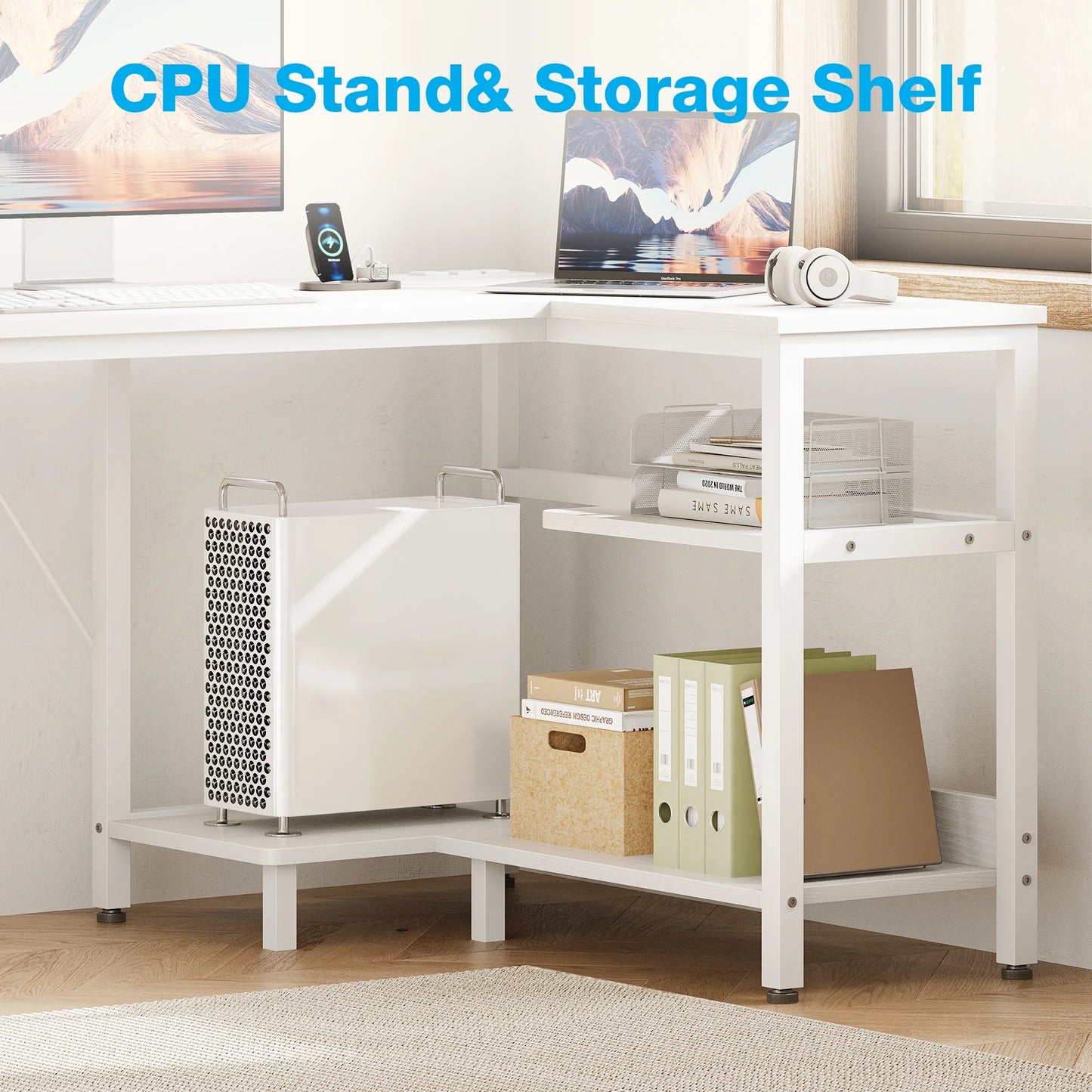 L Shaped Desk with Power Outlets, Large Computer Desk with File Drawer, Home Office Desk with Printer Stand & Storage Shelves, Corner Desk, White