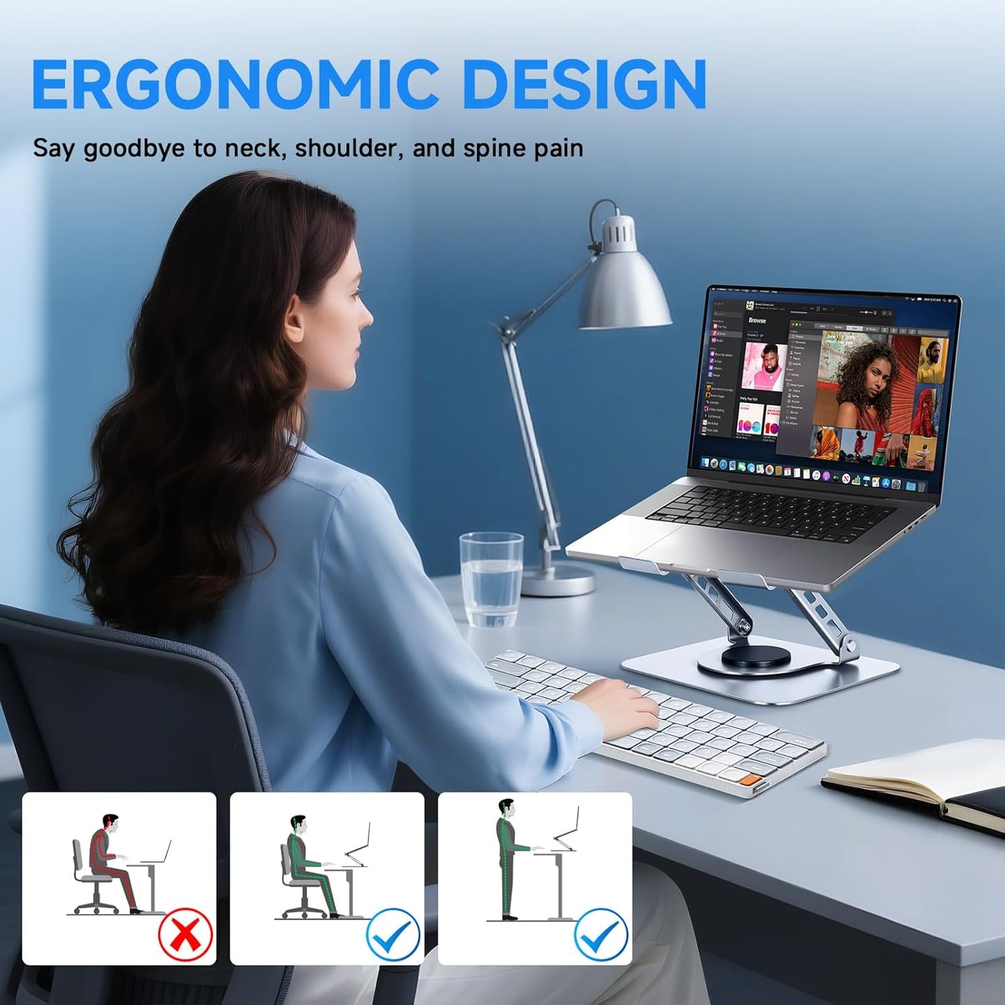 Ergonomic Laptop Stand for Desk, 360° Rotating Aluminum Laptop Riser, Adjustable Notebook Holder for Macbook Air/Pro, Dell, HP, Lenovo (10–15.6", Silver) – Not for Gaming Laptops