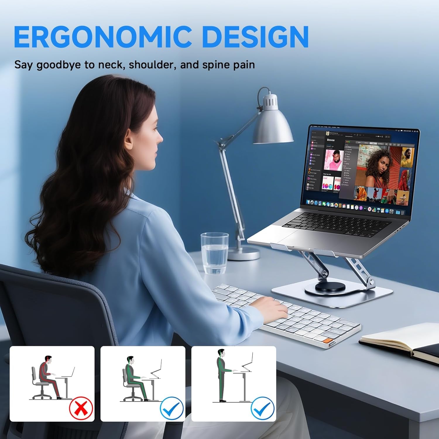 Ergonomic Laptop Stand for Desk, 360° Rotating Aluminum Laptop Riser, Adjustable Notebook Holder for Macbook Air/Pro, Dell, HP, Lenovo (10–15.6", Silver) – Not for Gaming Laptops