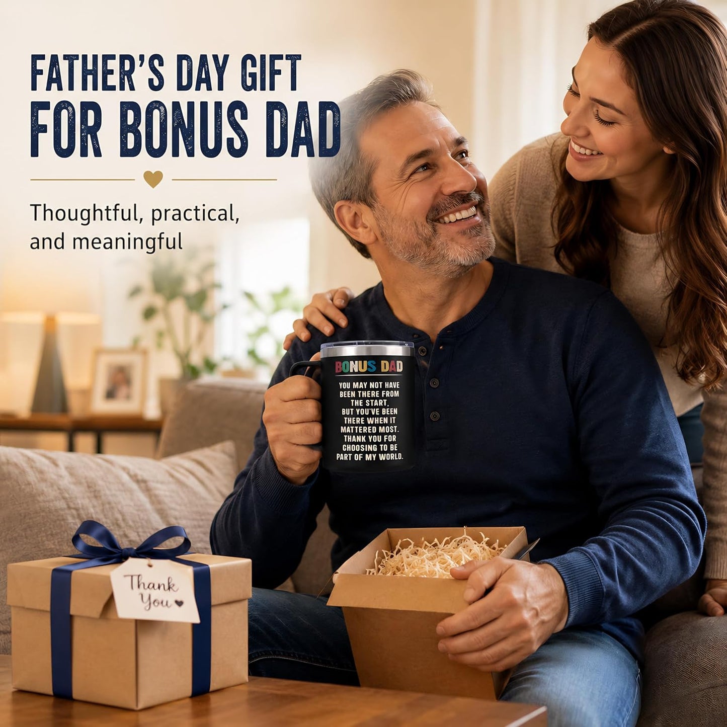 Bonus Dad Fathers Day Gift, Bonus Dad Gifts, Fathers Day Gift for Stepdad from Daughter, Son, Wife, 14 Oz Stainless Steel Mug, Best Step Dads Giftss, Stepped up Dads Gifts for Father'S Day, Birthday