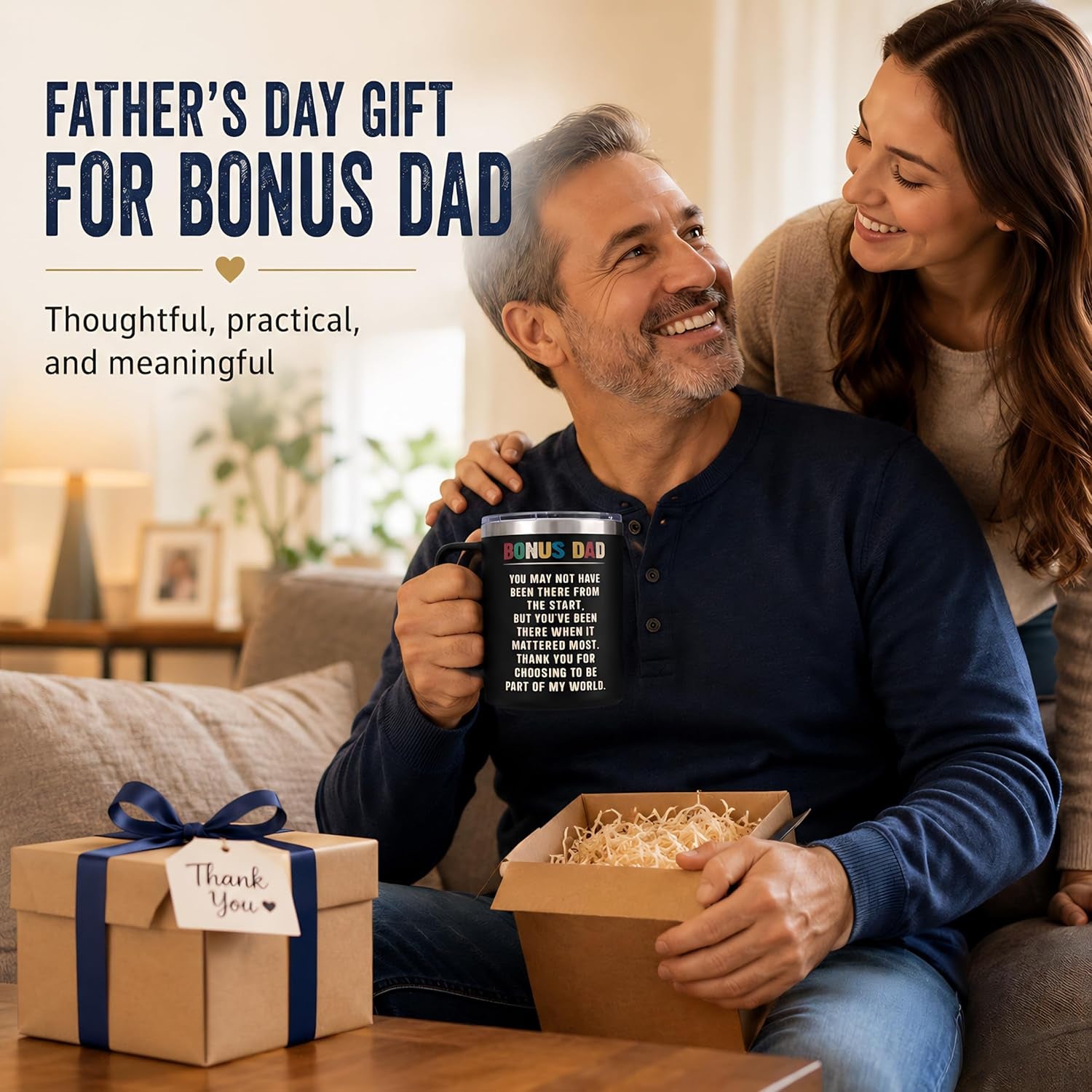 Bonus Dad Fathers Day Gift, Bonus Dad Gifts, Fathers Day Gift for Stepdad from Daughter, Son, Wife, 14 Oz Stainless Steel Mug, Best Step Dads Giftss, Stepped up Dads Gifts for Father'S Day, Birthday