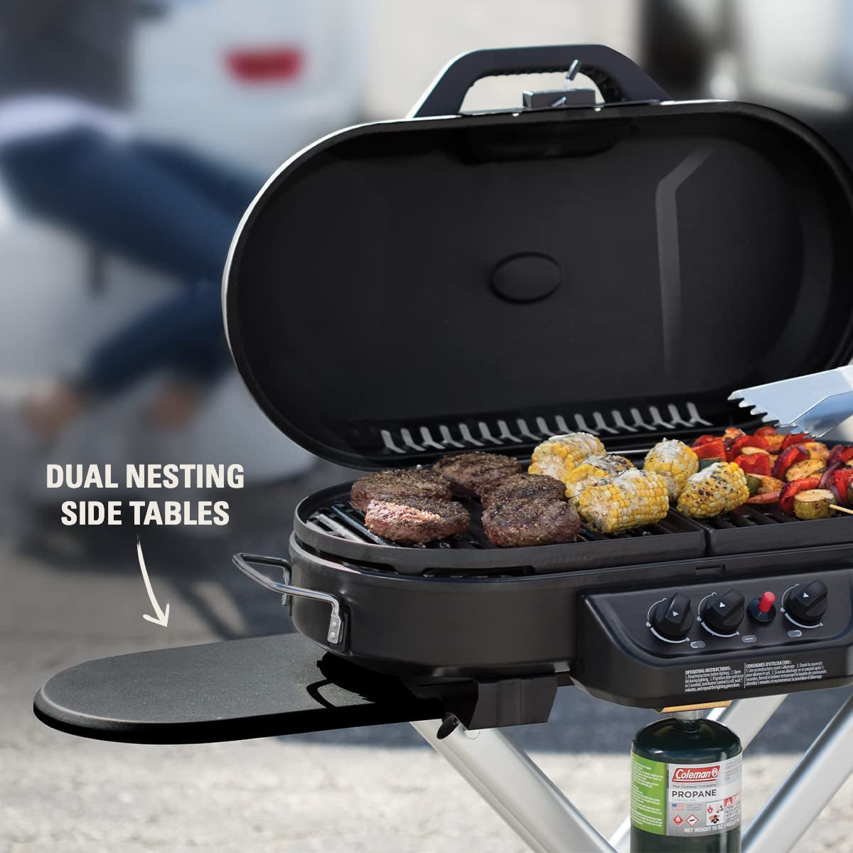 Portable Stand-Up Propane Grill with 3 Adjustable Burners, 20,000 BTU Outdoor Gas Grill with Push-Button Ignition, 285 sq. in Cooking Area for Camping, Tailgating, BBQs & Outdoor Cooking