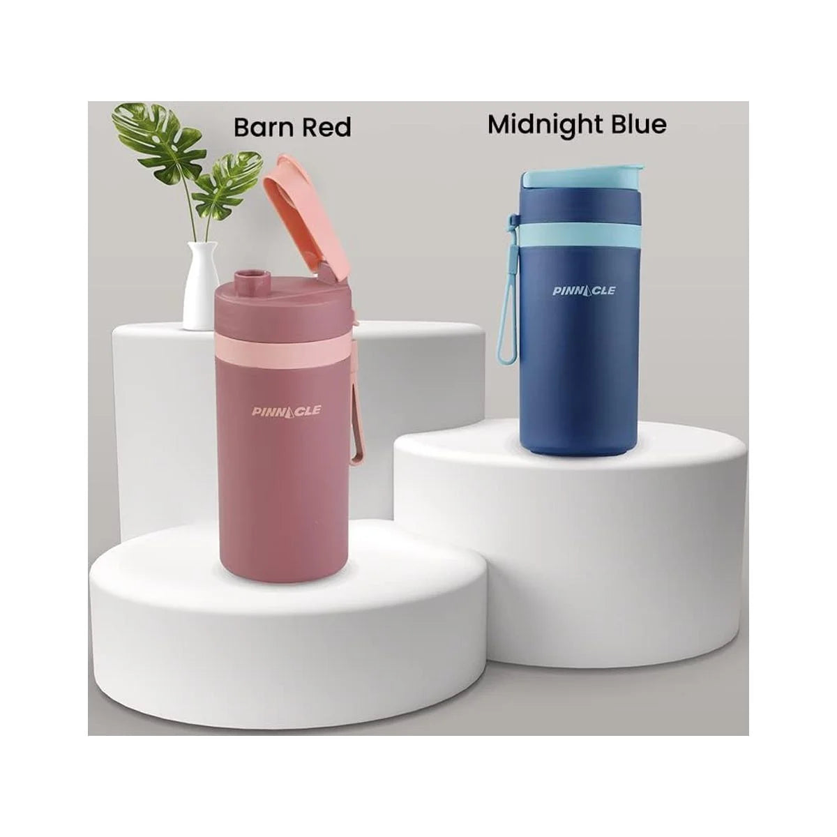13.5 Oz Insulated Stainless Steel Water Bottle with Carrying Strap & Leakproof Lid 2-Pack - Matte Thermo Bottle for Kids & Adults Barn Red & Midnight Blue