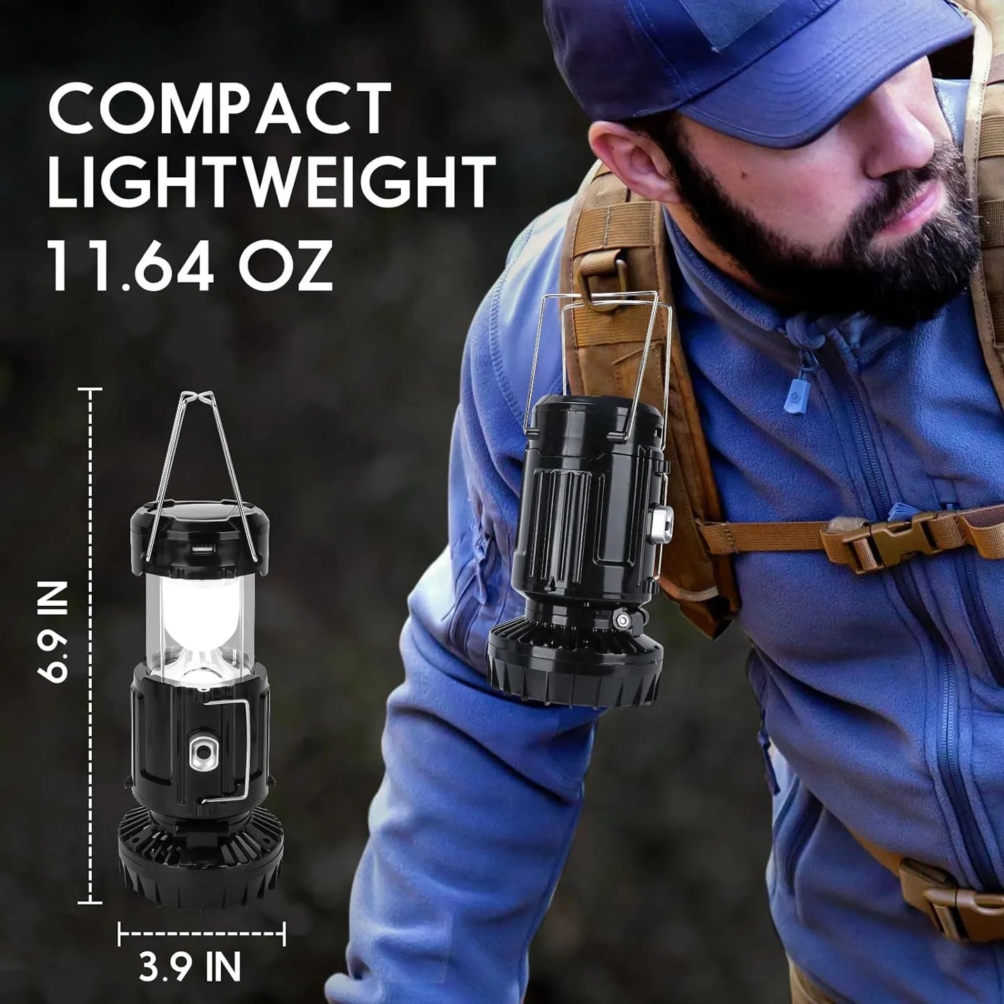 Solar Camping Lantern with Rechargeable Battery, Collapsible LED Light and Integrated Cooling Fan, Portable Emergency Light for Outdoor, Black