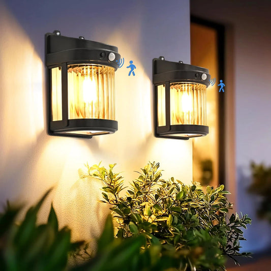 2-Pack Solar Outdoor Wall Lights with Motion Sensor, 3 Lighting Modes, IP65 Waterproof Porch and Patio Lights
