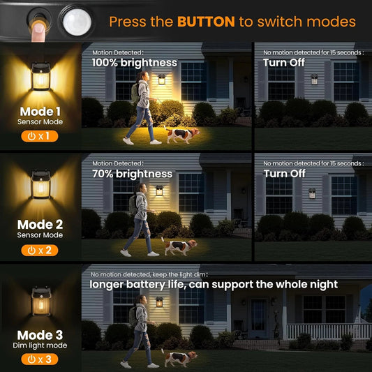 2-Pack Solar Outdoor Wall Lights with Motion Sensor, 3 Lighting Modes, IP65 Waterproof Porch and Patio Lights