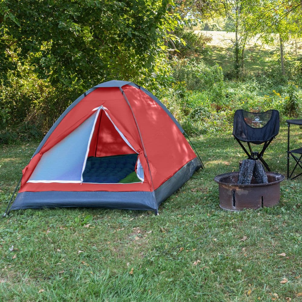 2-Person Brick Red Happy Camper Tent - Easy Setup Lightweight Backpacking Tent with Rain Fly, Ventilation Window & Storage Pocket