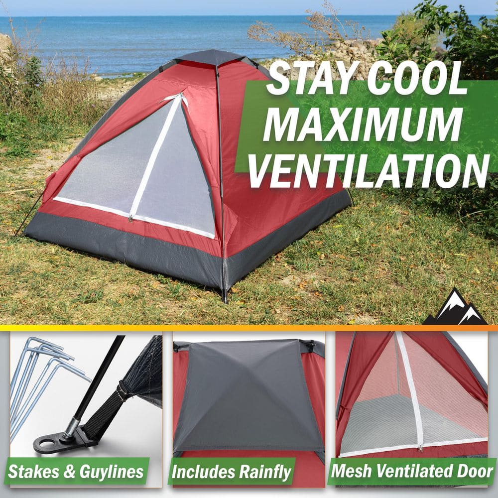 2-Person Brick Red Happy Camper Tent - Easy Setup Lightweight Backpacking Tent with Rain Fly, Ventilation Window & Storage Pocket