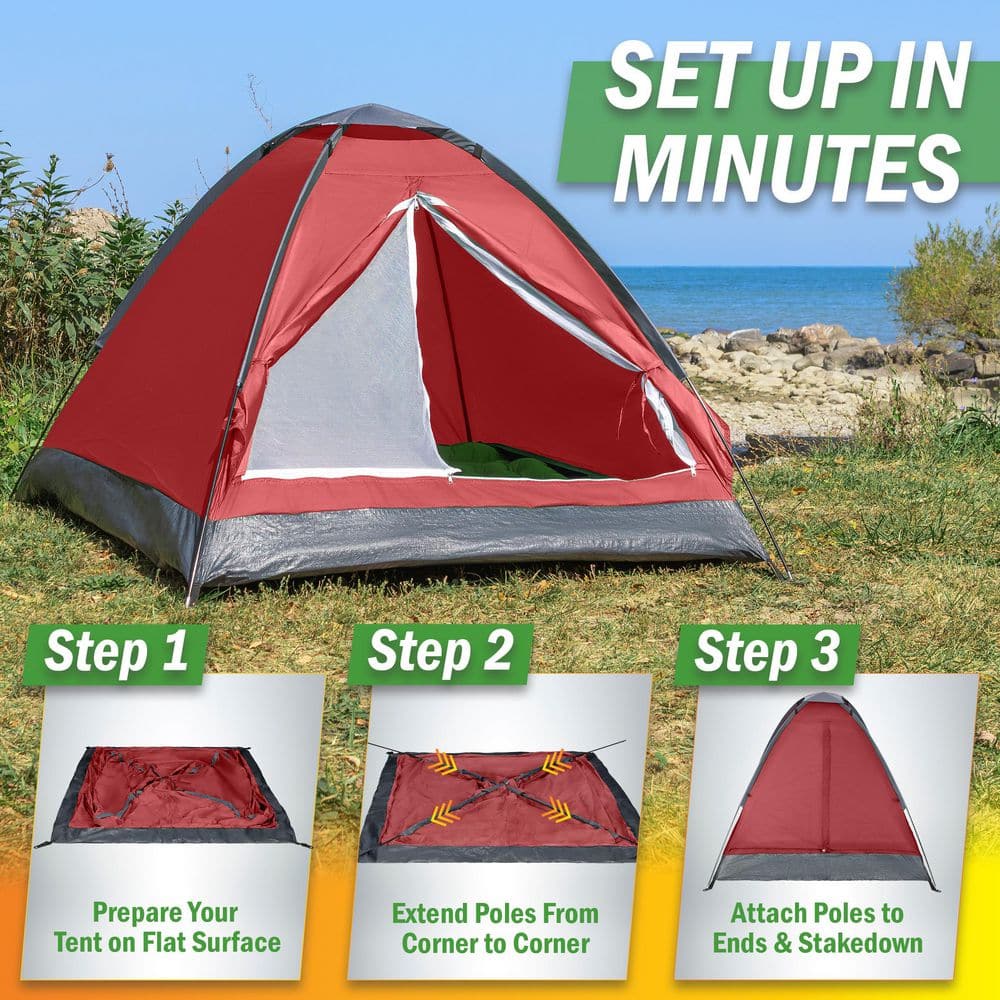 2-Person Brick Red Happy Camper Tent - Easy Setup Lightweight Backpacking Tent with Rain Fly, Ventilation Window & Storage Pocket