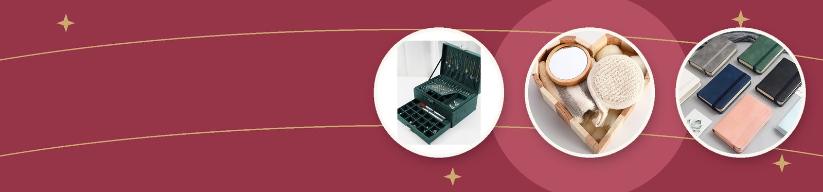Black Friday and Cyber Monday gifts: a green velvet jewelry box, a heart-shaped wooden bath set and pocket journals
