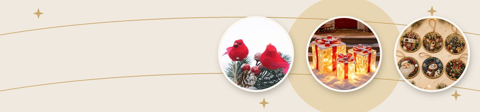 Christmas gifts: red cardinal ornaments, glowing gift box lights and handmade holiday ornaments
