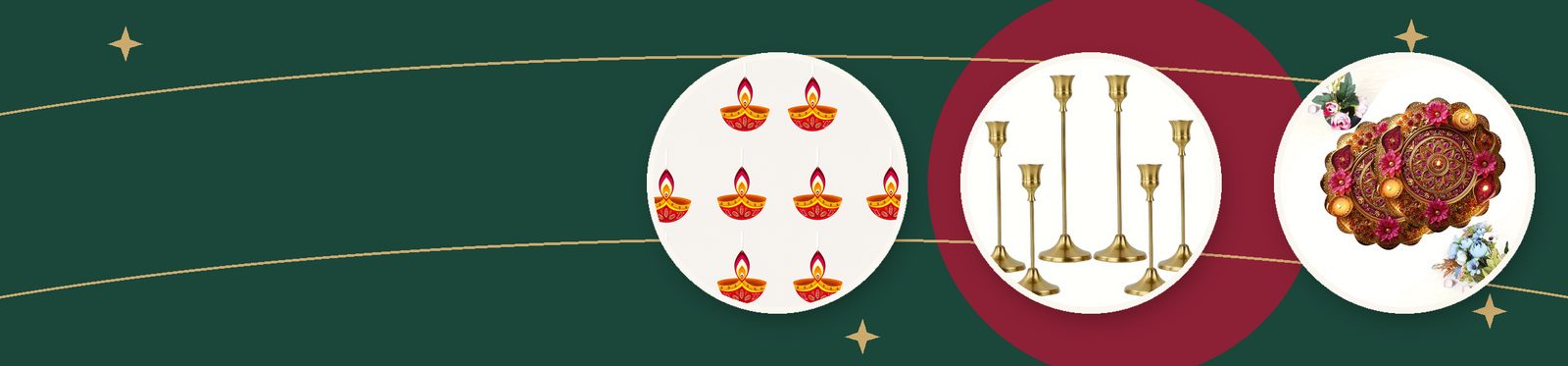 Diwali gifts: paper diya hanging decorations, copper-tone candlesticks and round printed placemats
