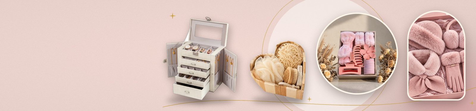 Gifts for her: a jewelry box, a spa set and cozy winter accessories