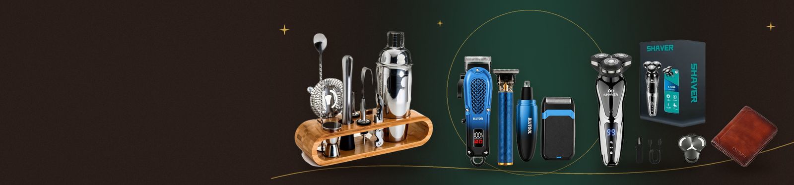 Gifts for him: a bar set, grooming tools, an electric shaver and a leather wallet