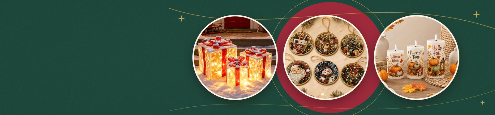 Holiday and seasonal gifts: glowing gift boxes, ornaments and fall candles