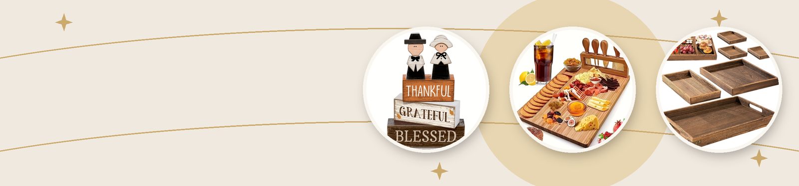 Thanksgiving gifts: a pilgrim tiered tray decoration, a charcuterie board and wooden serving trays